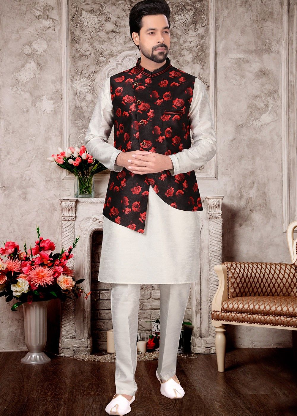 Floral printed nehru jacket with white kurta and pyjama - set of 3