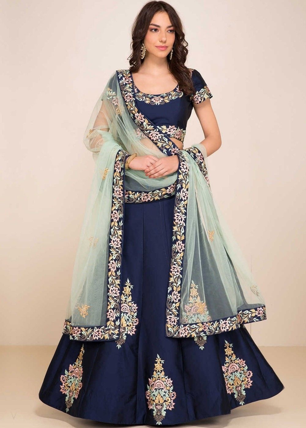 Peach and Navy Blue Silk Lehenga Choli With Floral Digital Print – Cygnus  Fashion