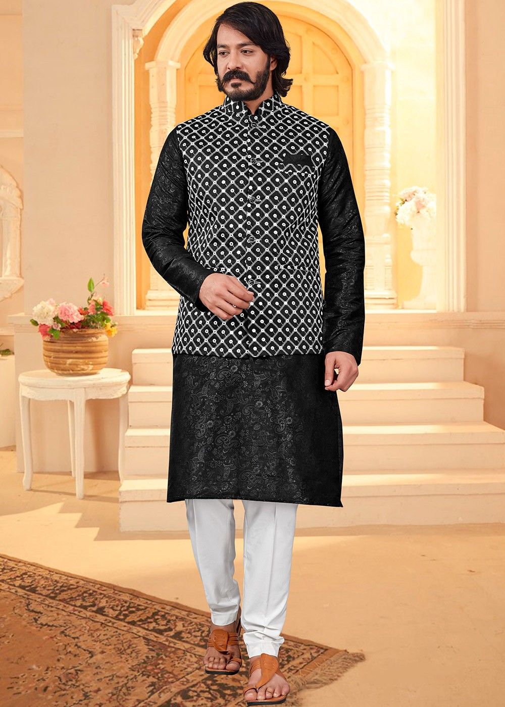 Jacquard Silk Black Color Wedding Wear Readymade Designer Men Kurta Pyjama  With Modi Jacket