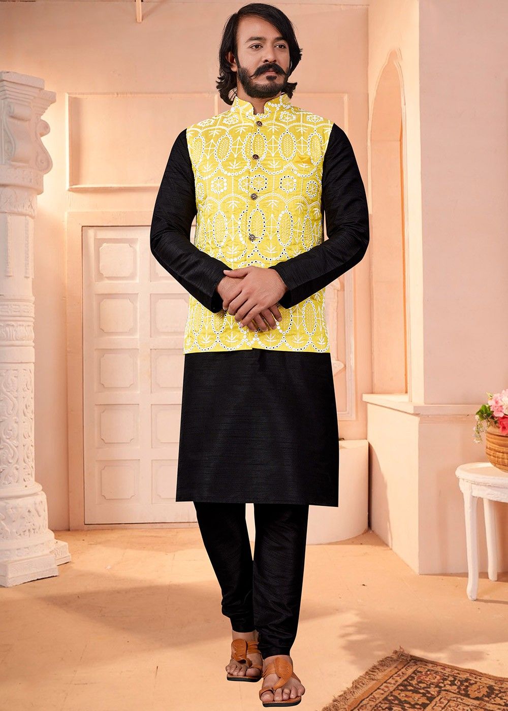 Sojanya (Since 1958), Men's Silk Blend Black Kurta Churidaar Pyjama & Pink  Sherwani Jacket Set