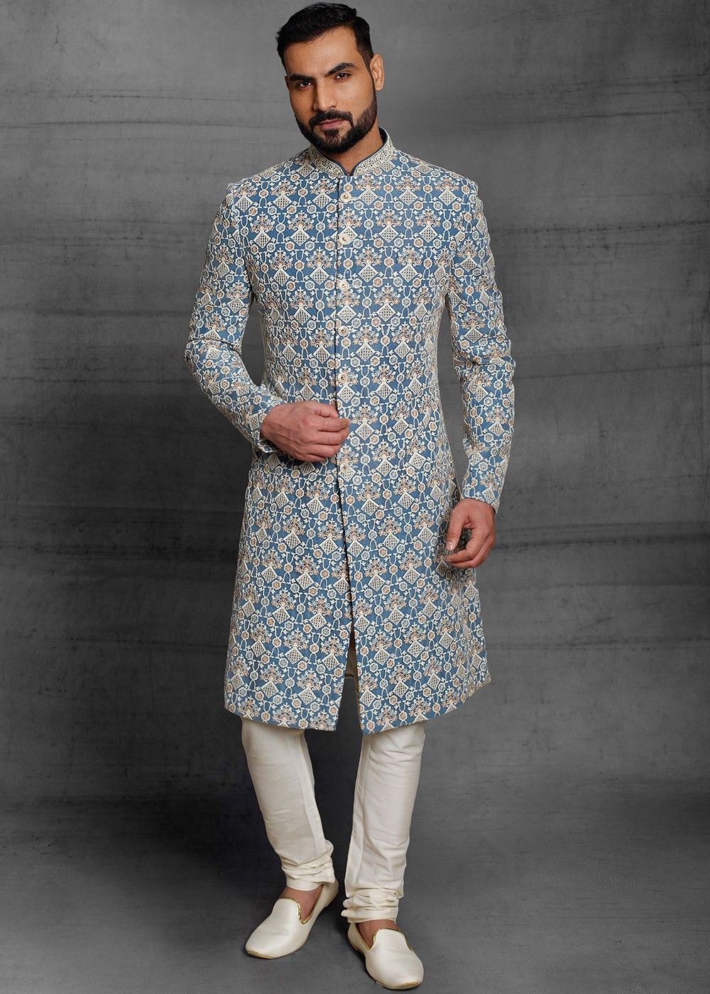 Blue Thread Embroidered Sherwani With Churidar For Men 758MW52