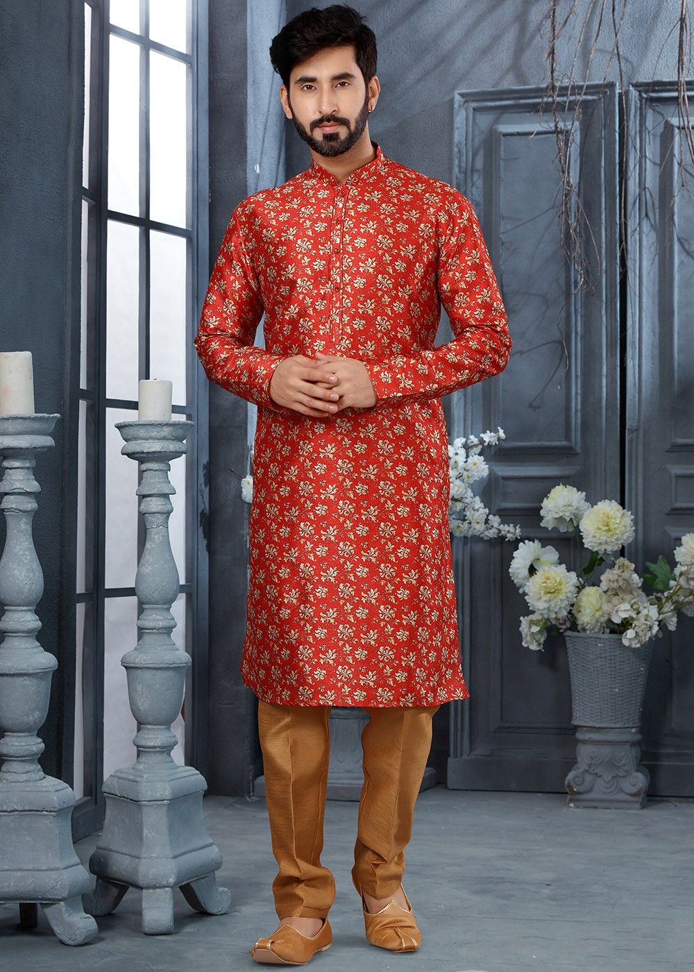 Red Digital Printed Men's Kurta Pajama Set 770MW31