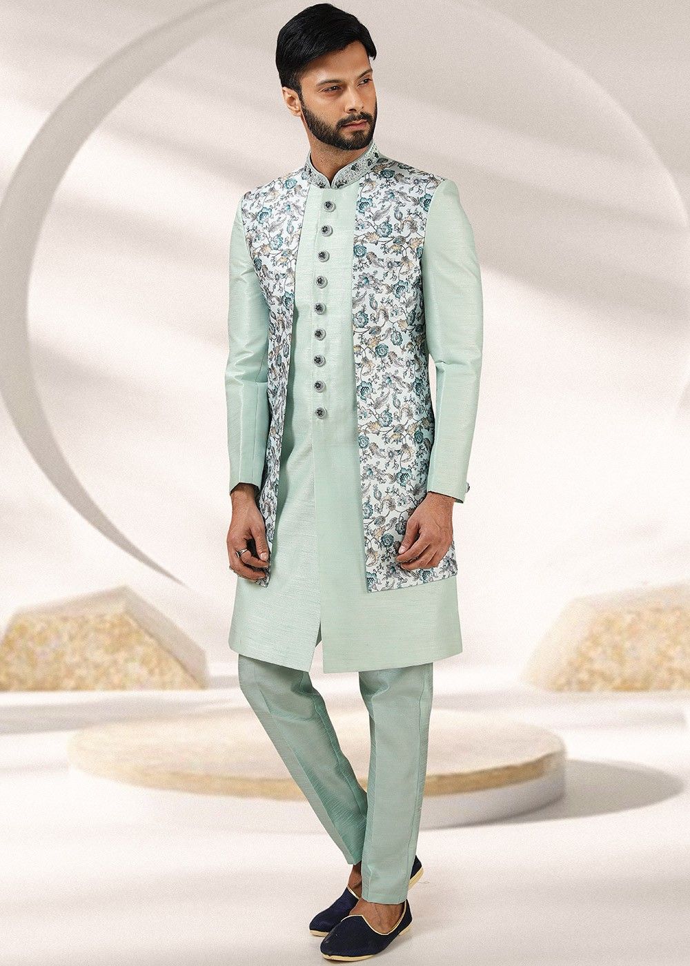 Buy Traditional Wear Green Jacquard Banarasi Silk Kurta Pajama With Jacket  Online From Surat Wholesale Shop.