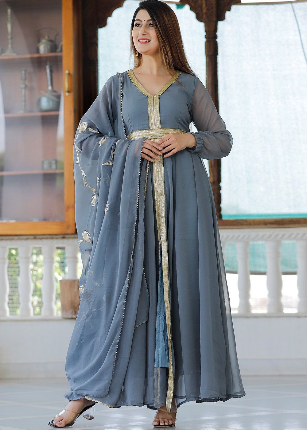 Aggregate more than 79 blue grey layered georgette kurti best