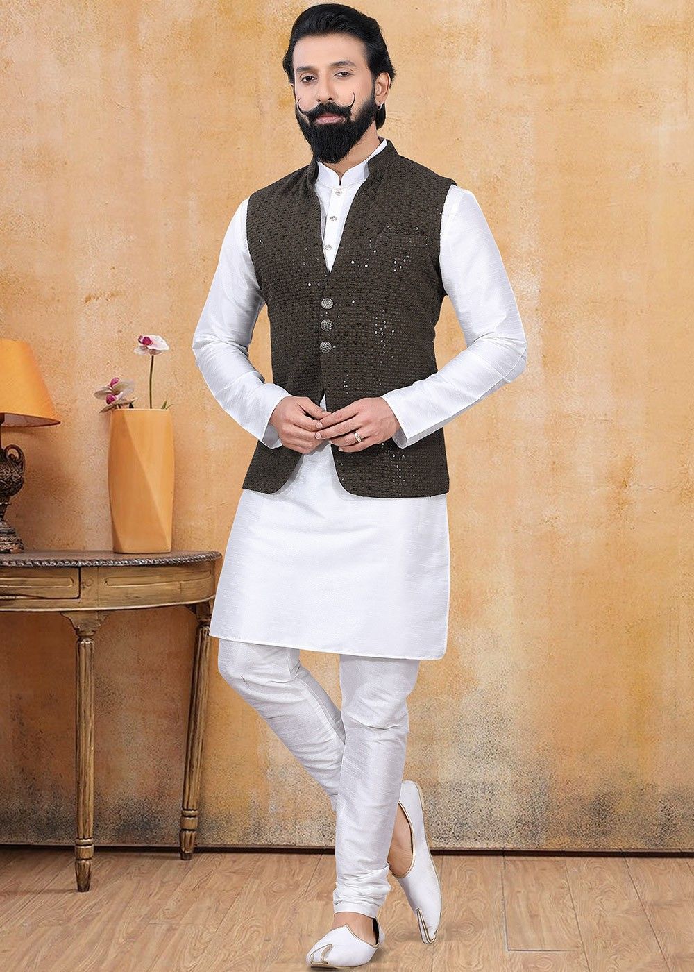 Readymade Men's White Kurta Churidar & Embroidered Jacket 823MW12