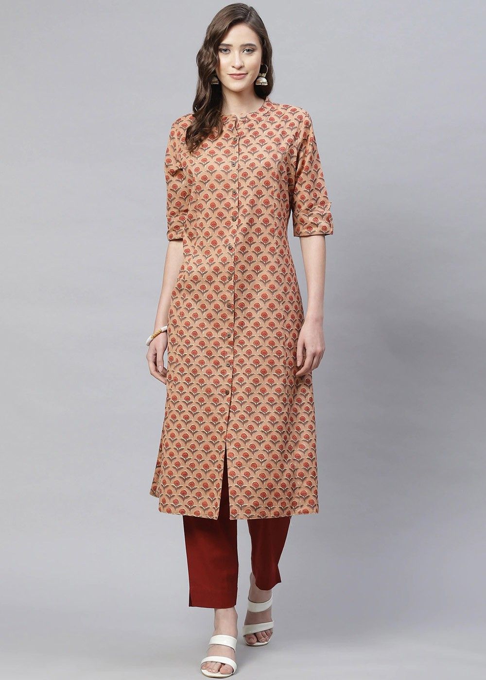 Beige Cotton A-line Kurti With Ankle Length Palazzo