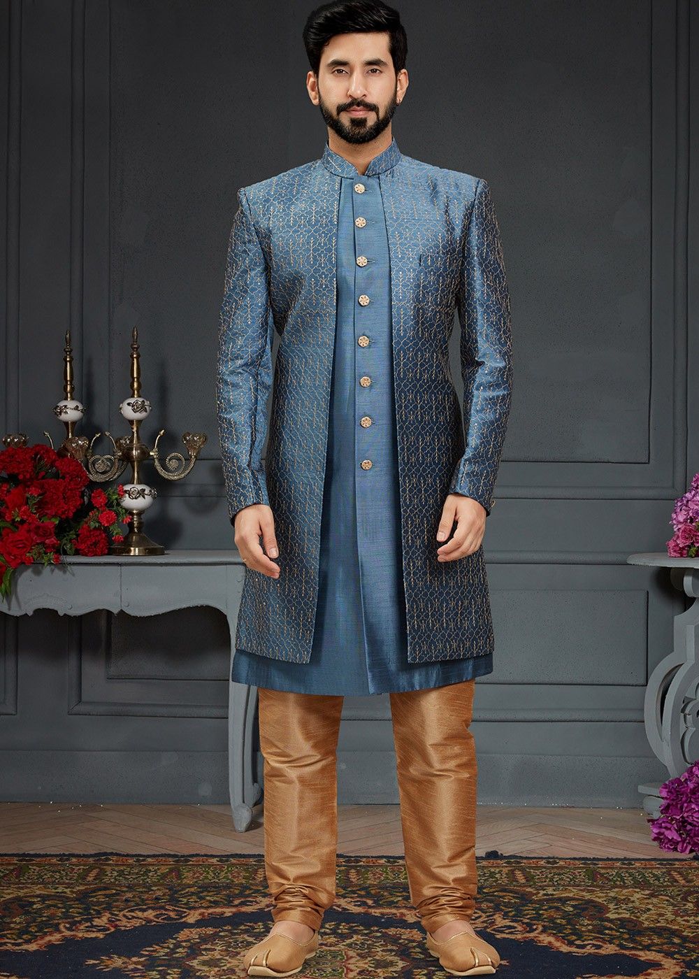 Indo Western for Men - Buy Blue Sequined Indo Western Set Online