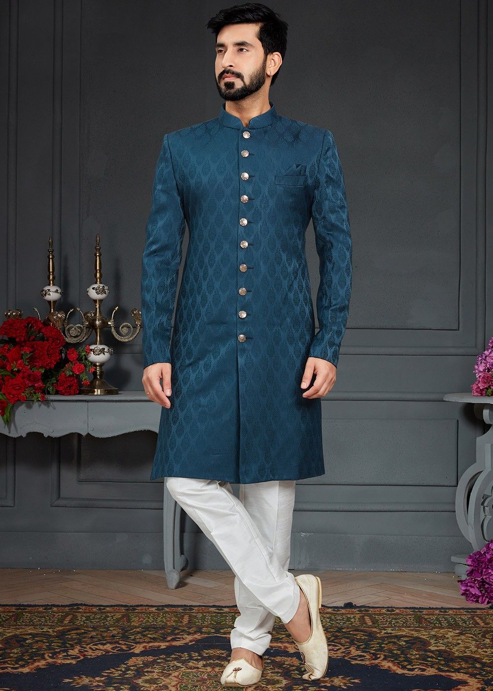 Blue Woven Indo Western Sherwani With Pant 829MW29