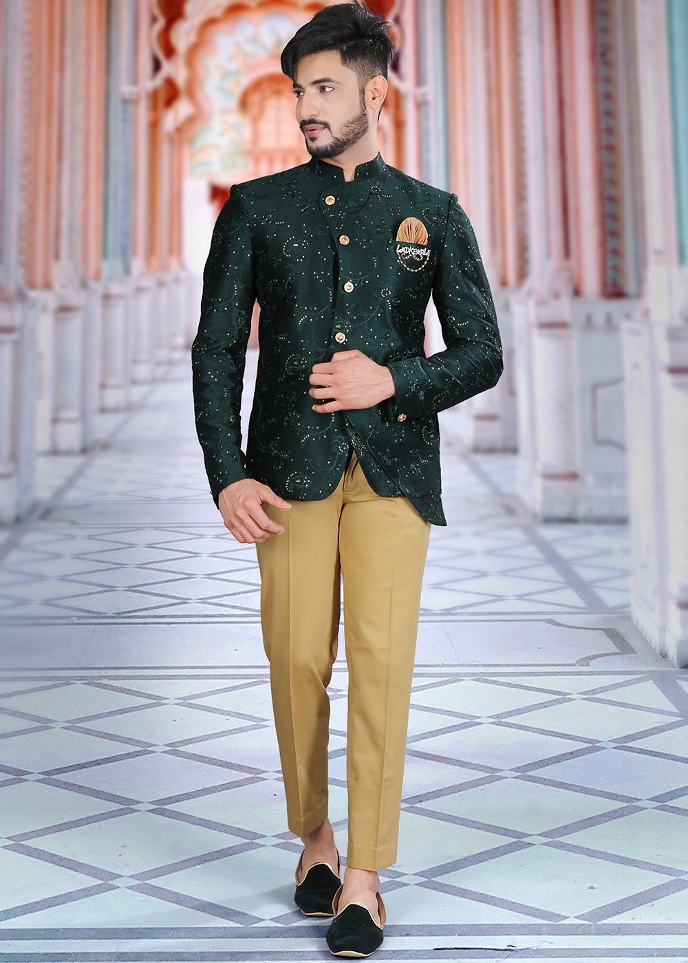 Wedding 5 button Jodhpuri suit -2 pc (Jacket, Pant) made from cream color  jacquard fabric. It has bottom as matching white po… | Wedding suits,  Western suits, Suits