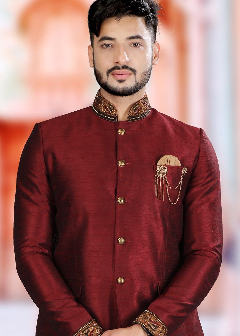Maroon Embroidered Velvet Bandhgala Jodhpuri Suit Latest 599MW08