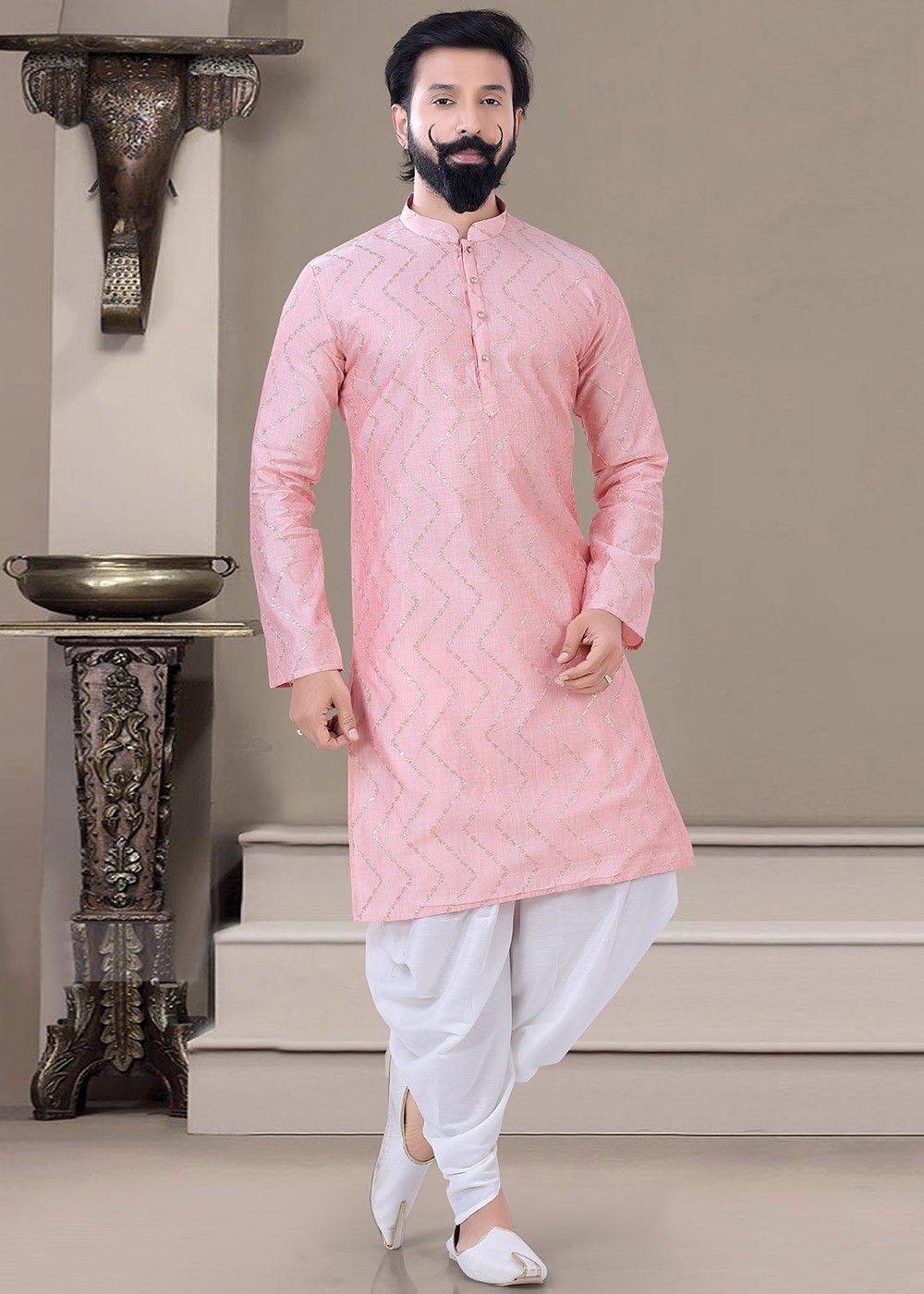 Pink Embroidered Men's Kurta With Dhoti 845MW33