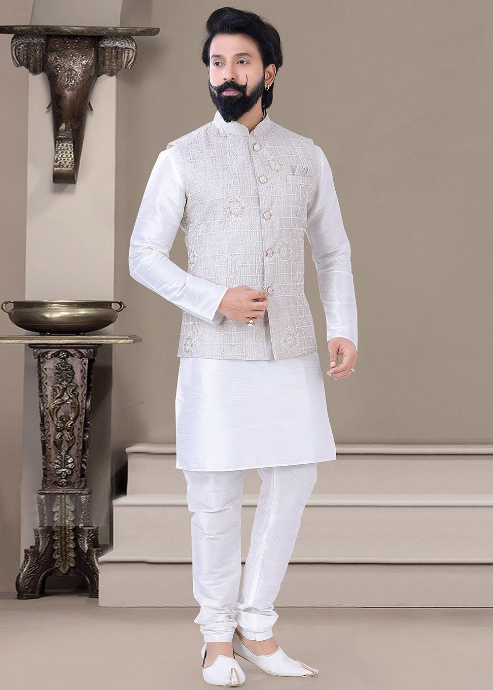 New Arrival Off White Silk Jacket Style Men's Kurta With Churidar MKPA02120