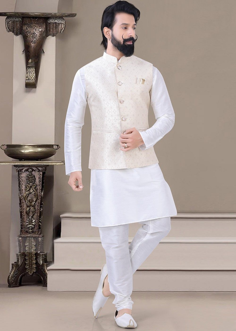 Charcoal Gray with Blue Textured Premium Wedding Nehru Jacket For Men.
