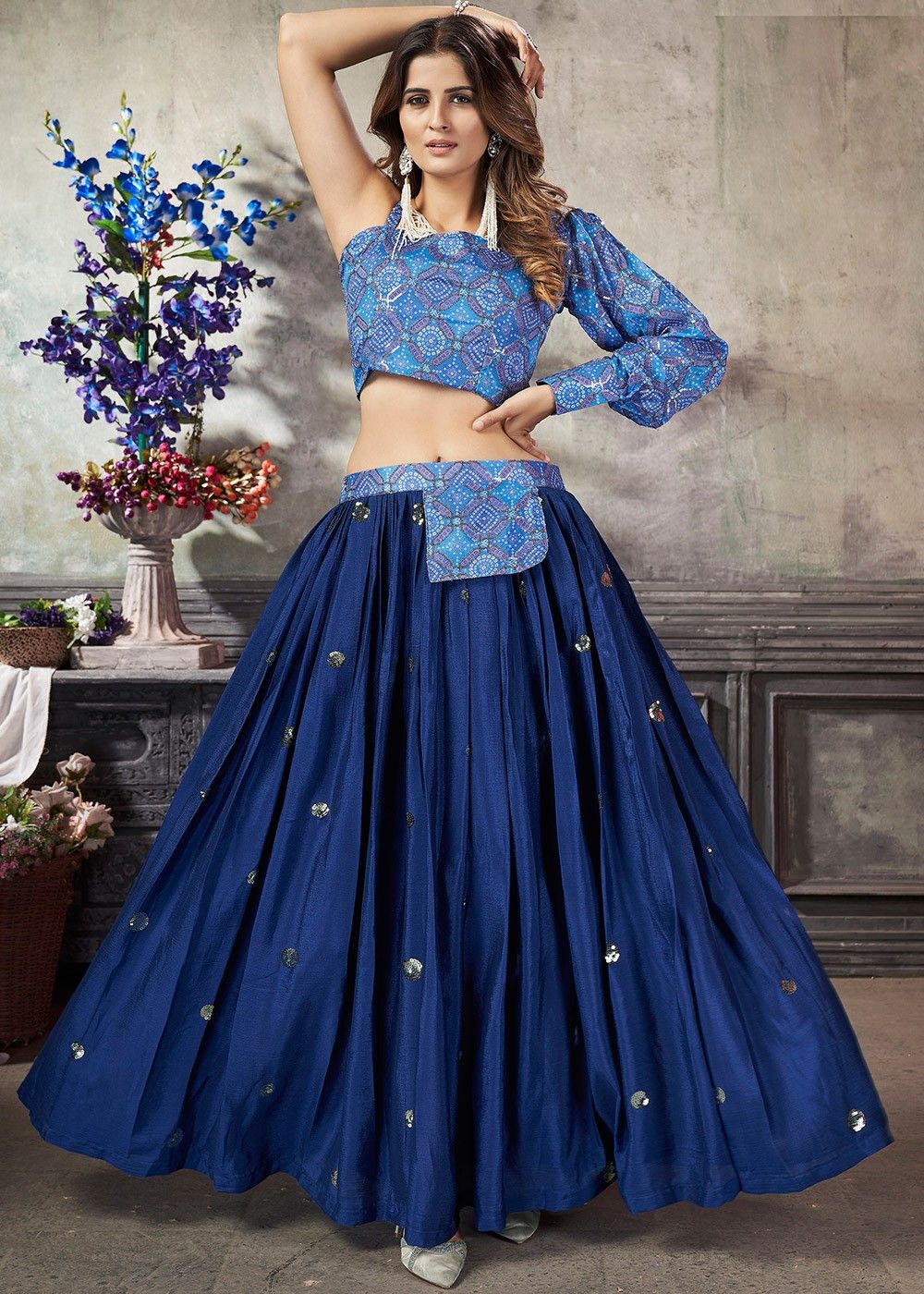 Royal Blue and Gold Printed Top with Saree Skirt