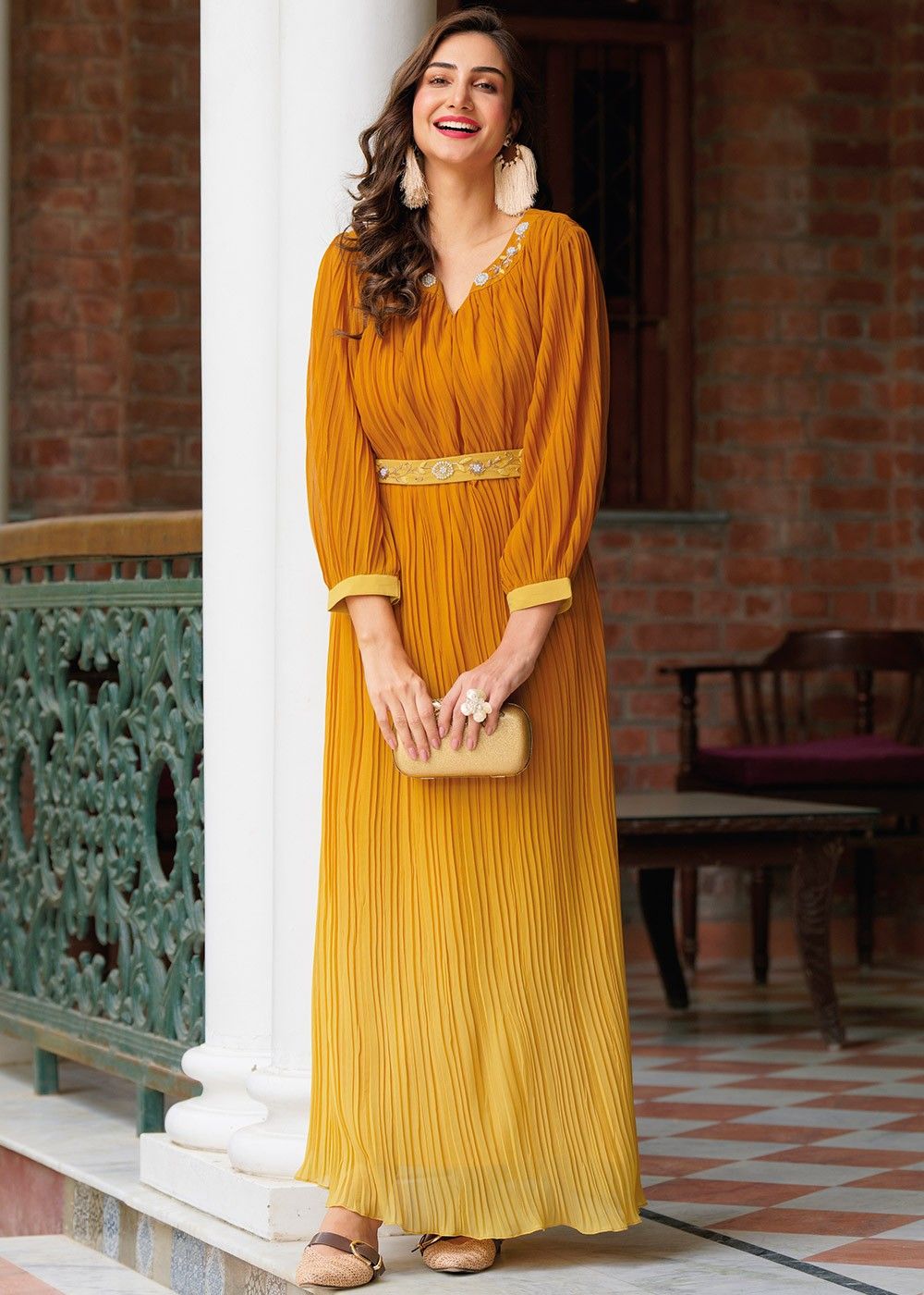 Yellow Party Indo Western Dress With Bead Work Latest 861KR03