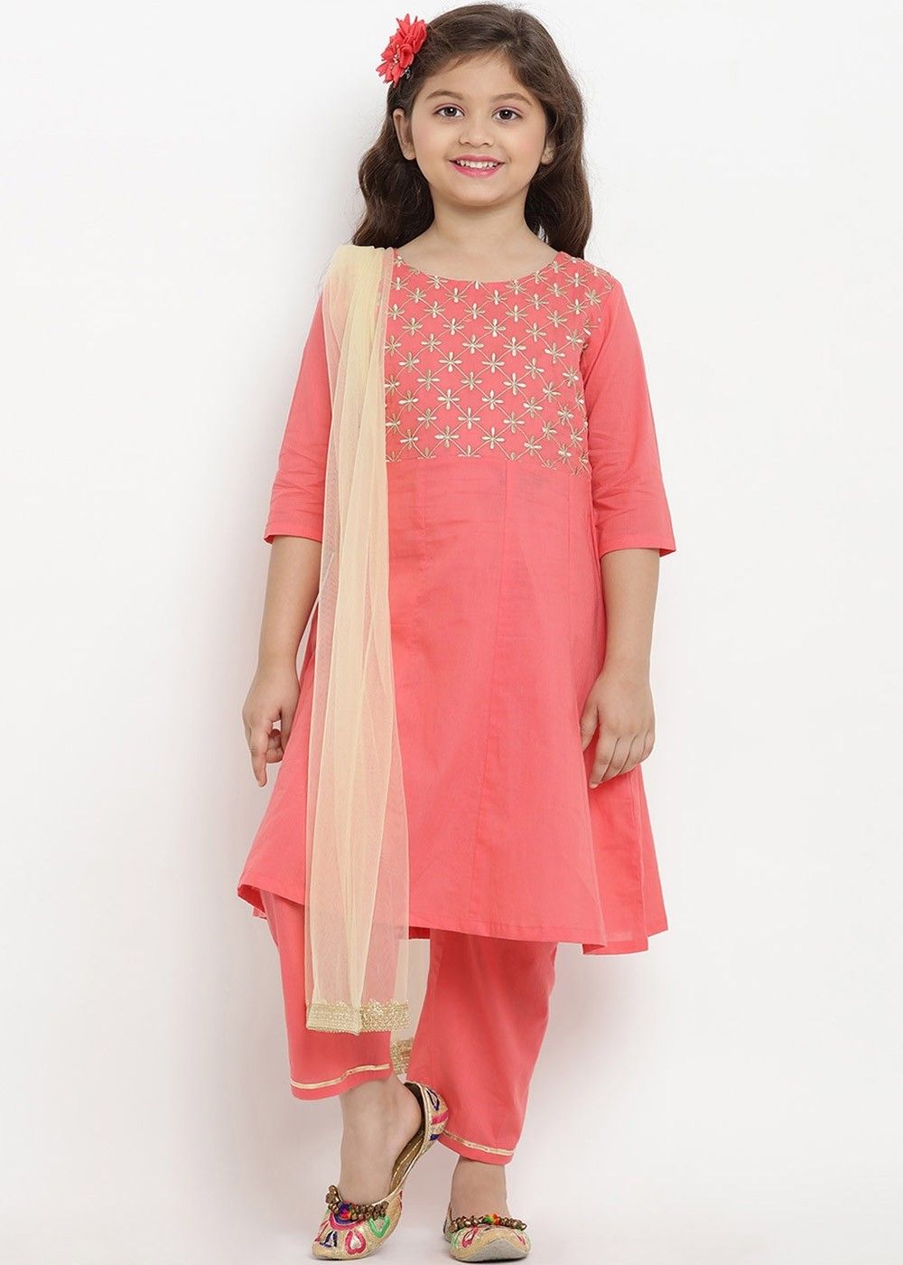 Red embroidered faux georgette asymmetrical kids salwar suits - NIKHAAR -  4213173