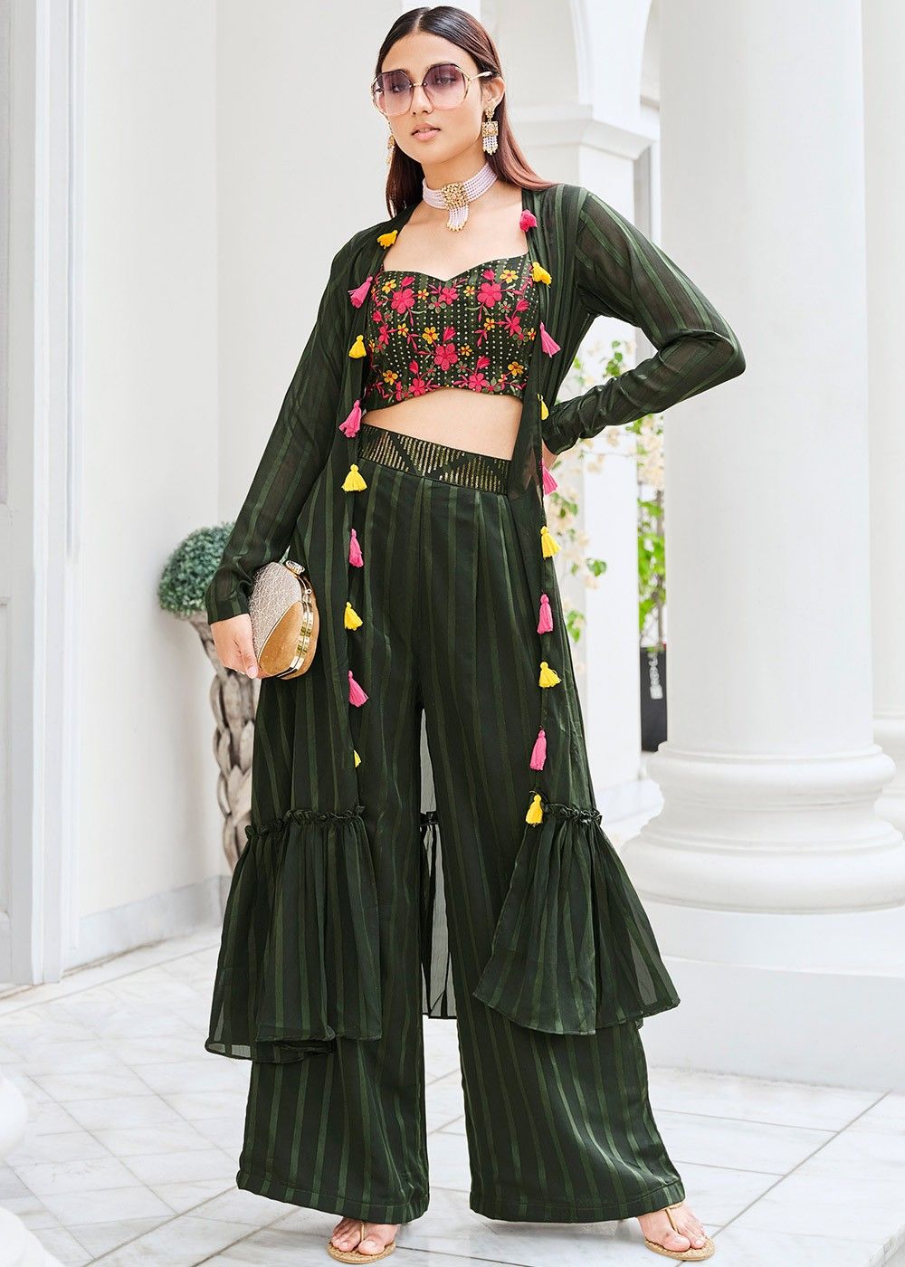 Granite green crop top and flared palazzo set in mirror work embroid