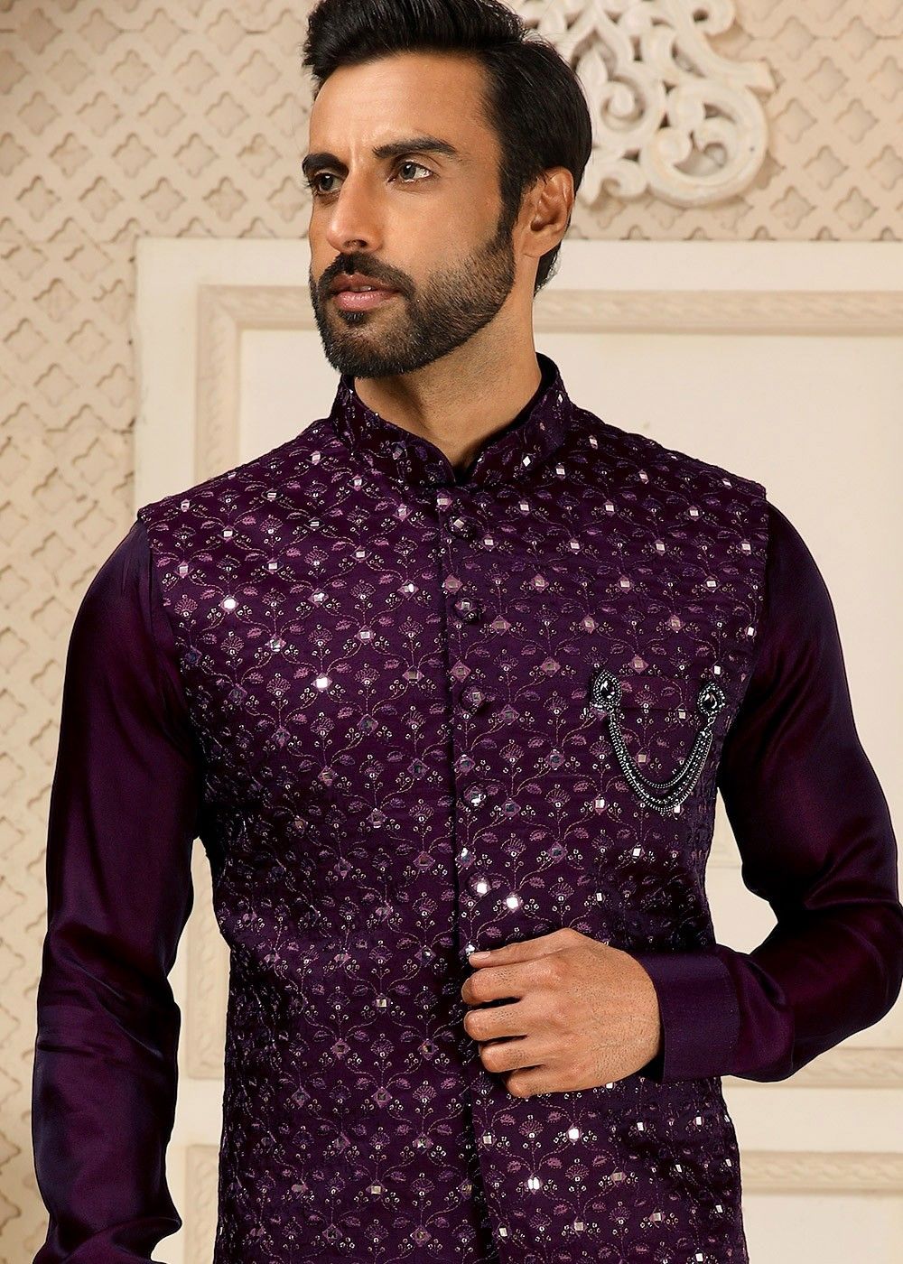 Buy Men's Silk Blend Gold Kurta Pyjama & Wine Nehru jacket Combo - Sojanya  Online at Best Price | Trendia