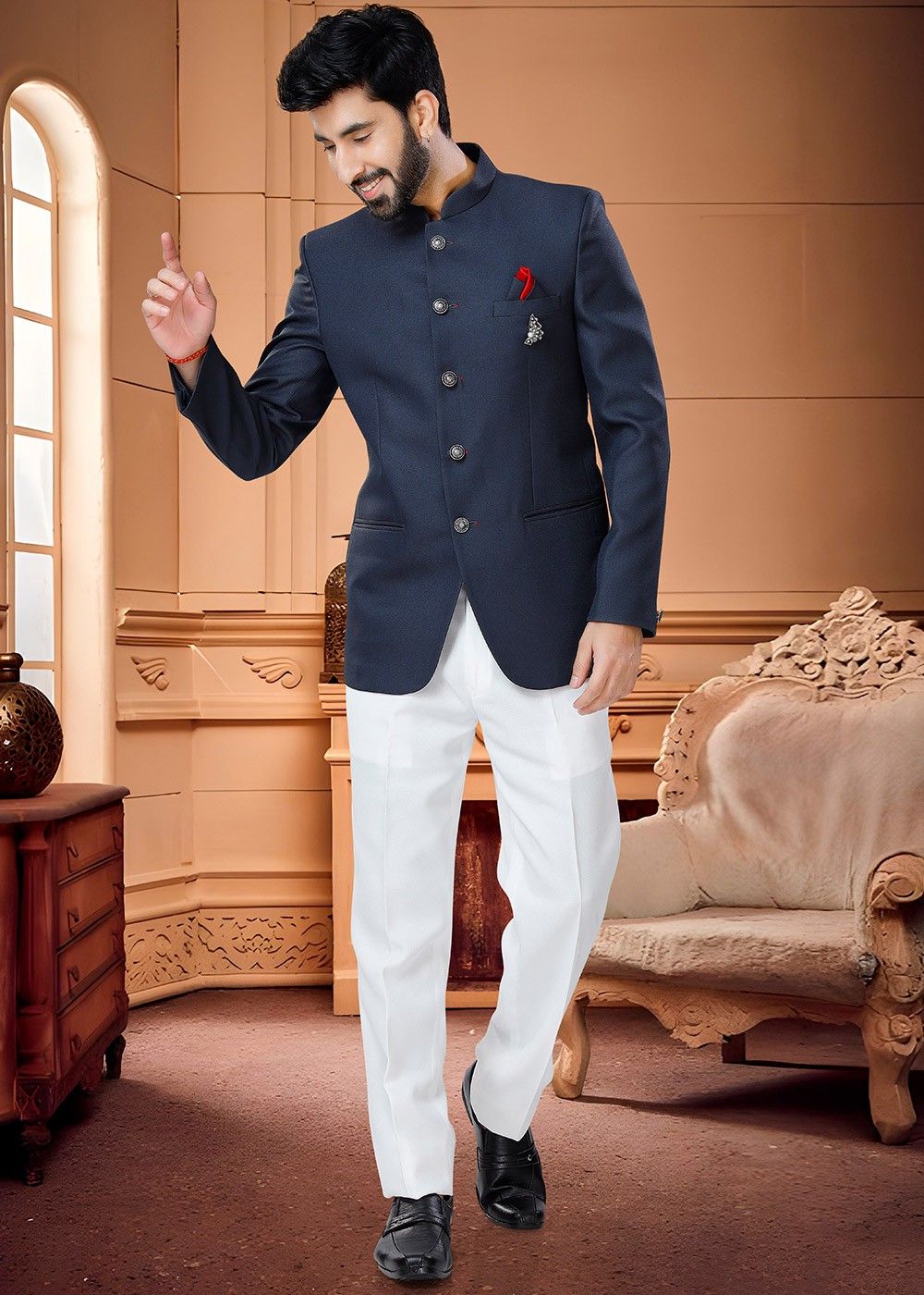 Navy Blue Velvet Jodhpuri Suit 231090