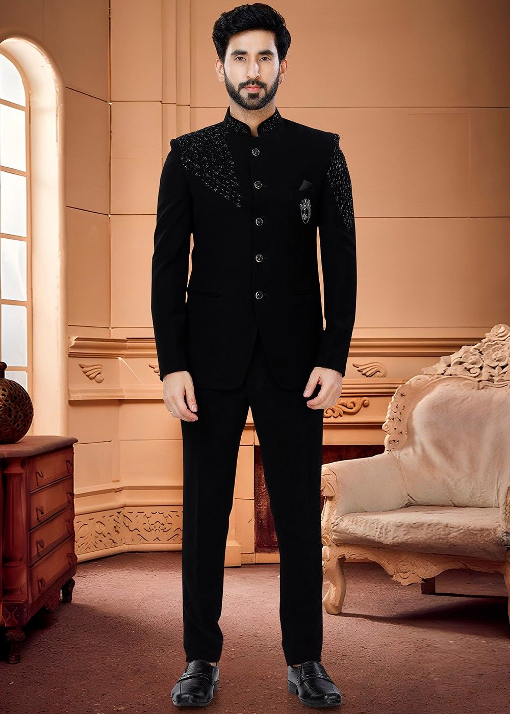 Fancy Fabric Black Color Function Wear Trendy Jodhpuri Suit For Men