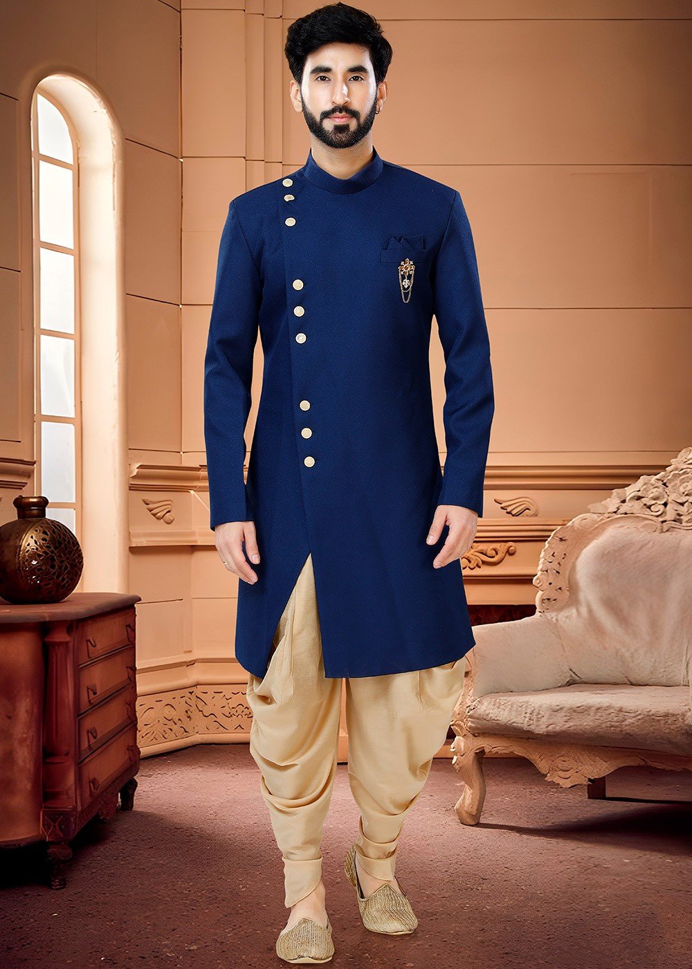 Royal blue hued cotton silk indowestern for men - G3-MIW6883 | G3fashion.com