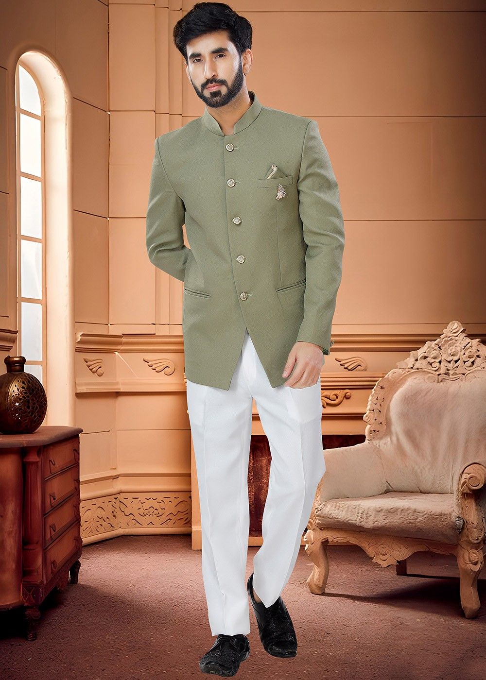 Readymade Green Rayon Bandhgala Jhodpuri Suit Set Latest 777MW03