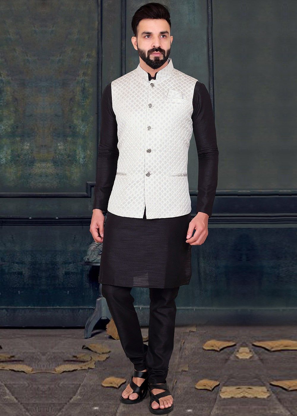 Classic White Self Textured Kurta With Lucknowi Embroidered Jacket Set-thanhphatduhoc.com.vn