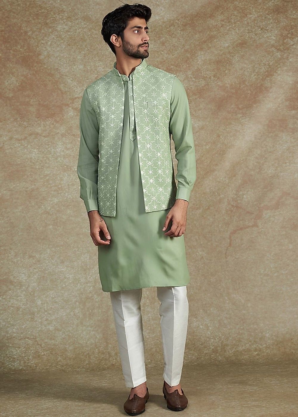 Buy Pista Green and Cream 2-Piece Ethnic Suit for Men by SOJANYA Online |  Ajio.com