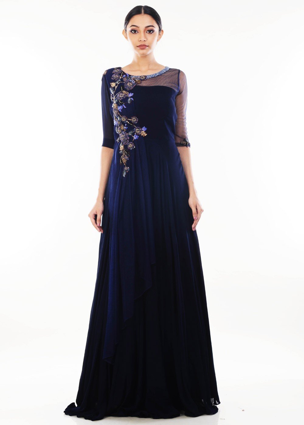 Buy Ahalyaa Navy Blue & Golden Foil Printed Maxi Dress With Attached Dupatta  Online at Best Price | Distacart