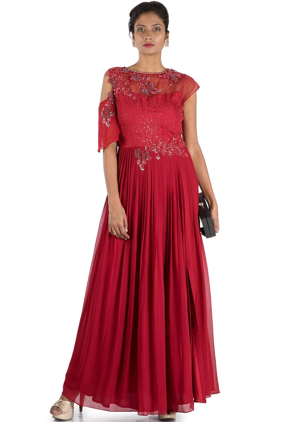 Red Gown in Soft Net with Sequence Work  Clothsvillacom
