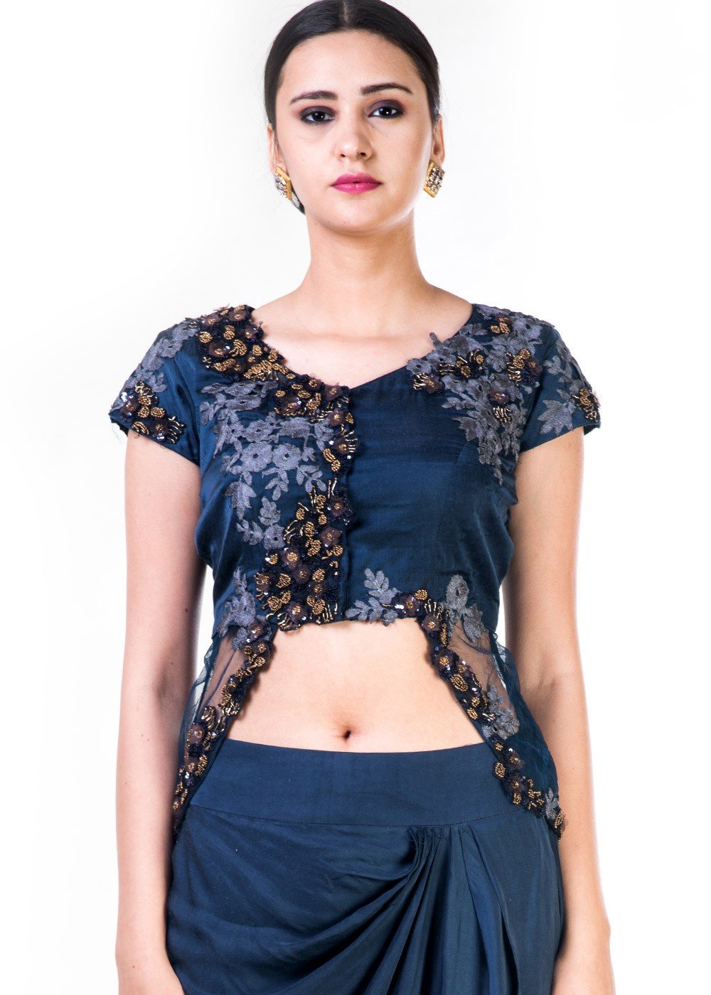 Navy Blue Satin Crop Top With Draped Skirt Indo Western 126TB13