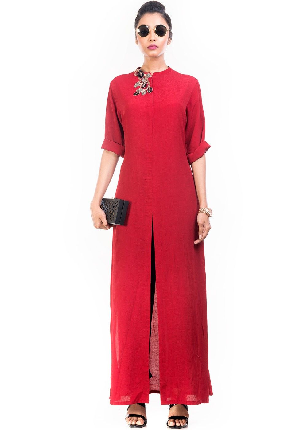 Red Crape Front Slit Long Tunic ...