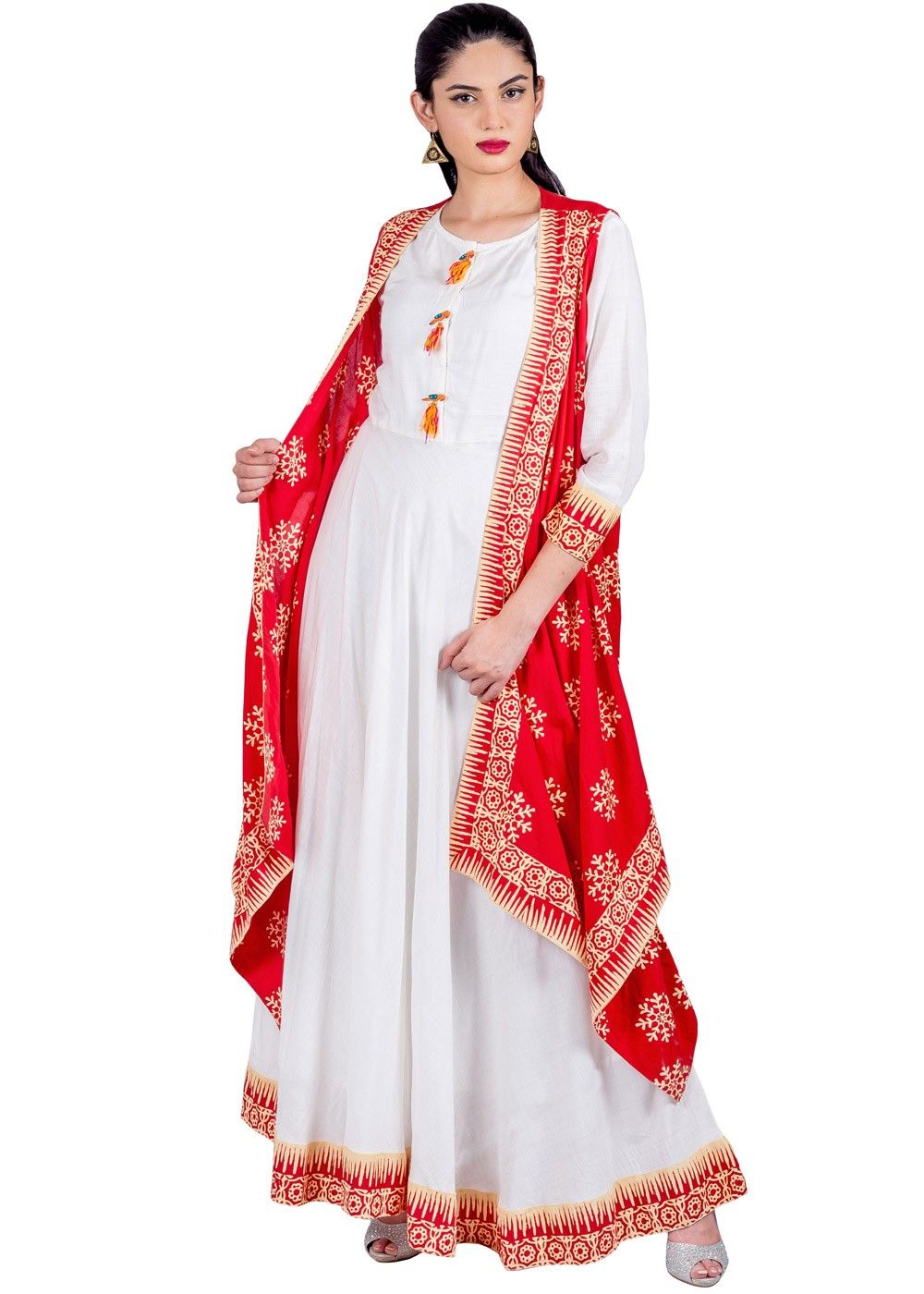 Buy anubhutee Women's Cotton Off White Thread Work Embroidered A-Line Indo  Western Dress at Amazon.in