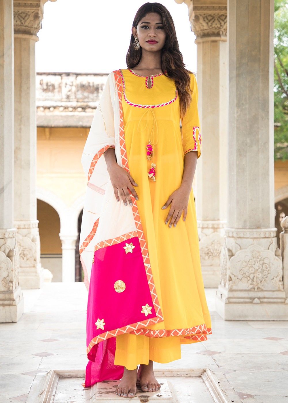 Yellow suit set with prints and embroidery - set of three by Ambraee | The  Secret Label