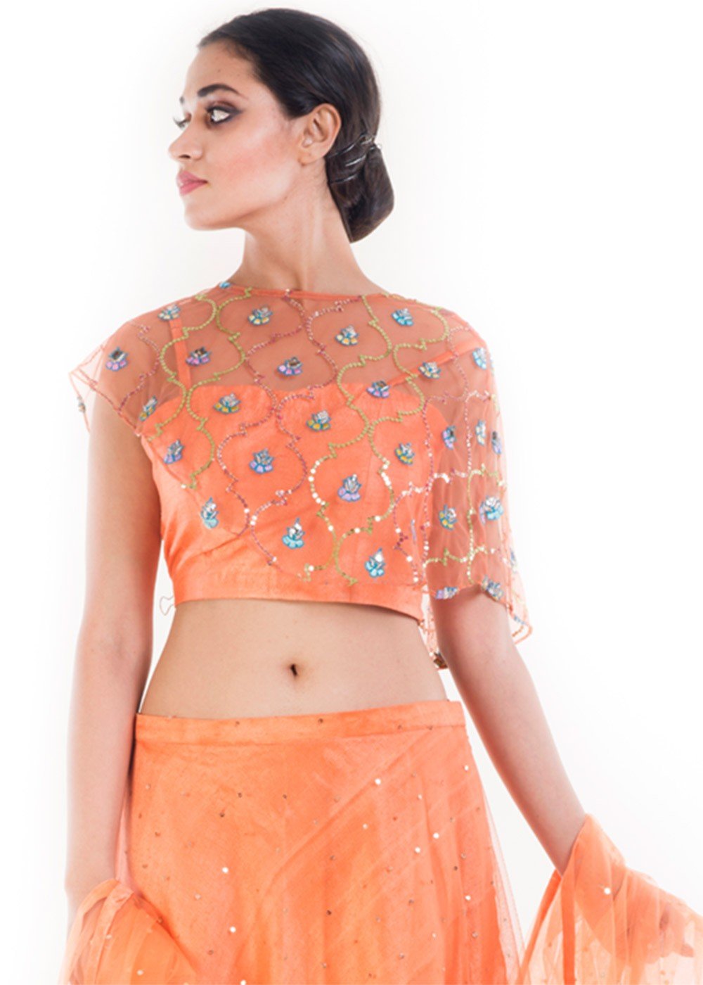 Purple brocade lehenga with orange top and pink net dupatta | Lehenga  blouse designs, Blouse designs, Indian bridal wear
