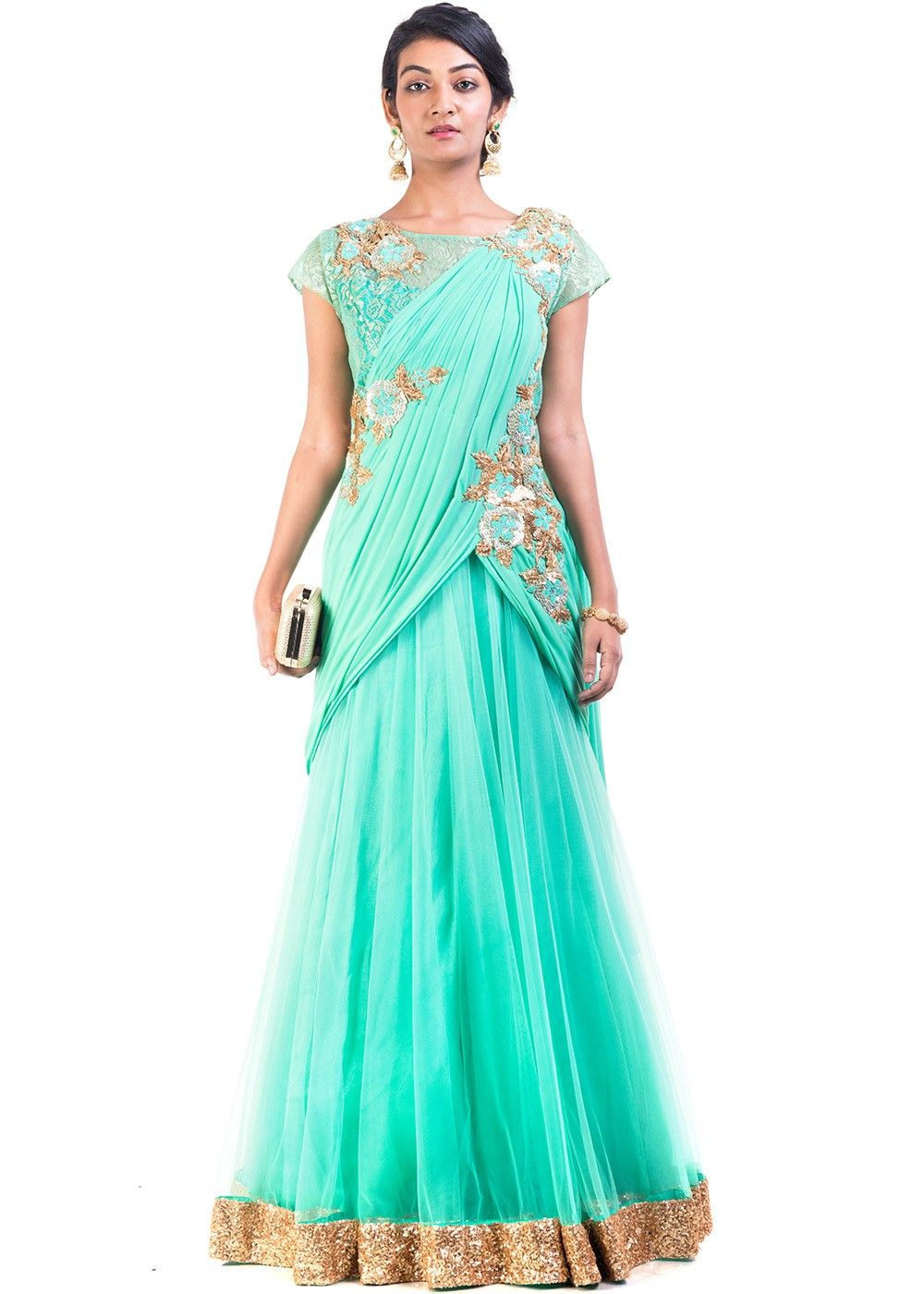 Green Pre Drape Saree Set - Suruchi Parakh - East Boutique