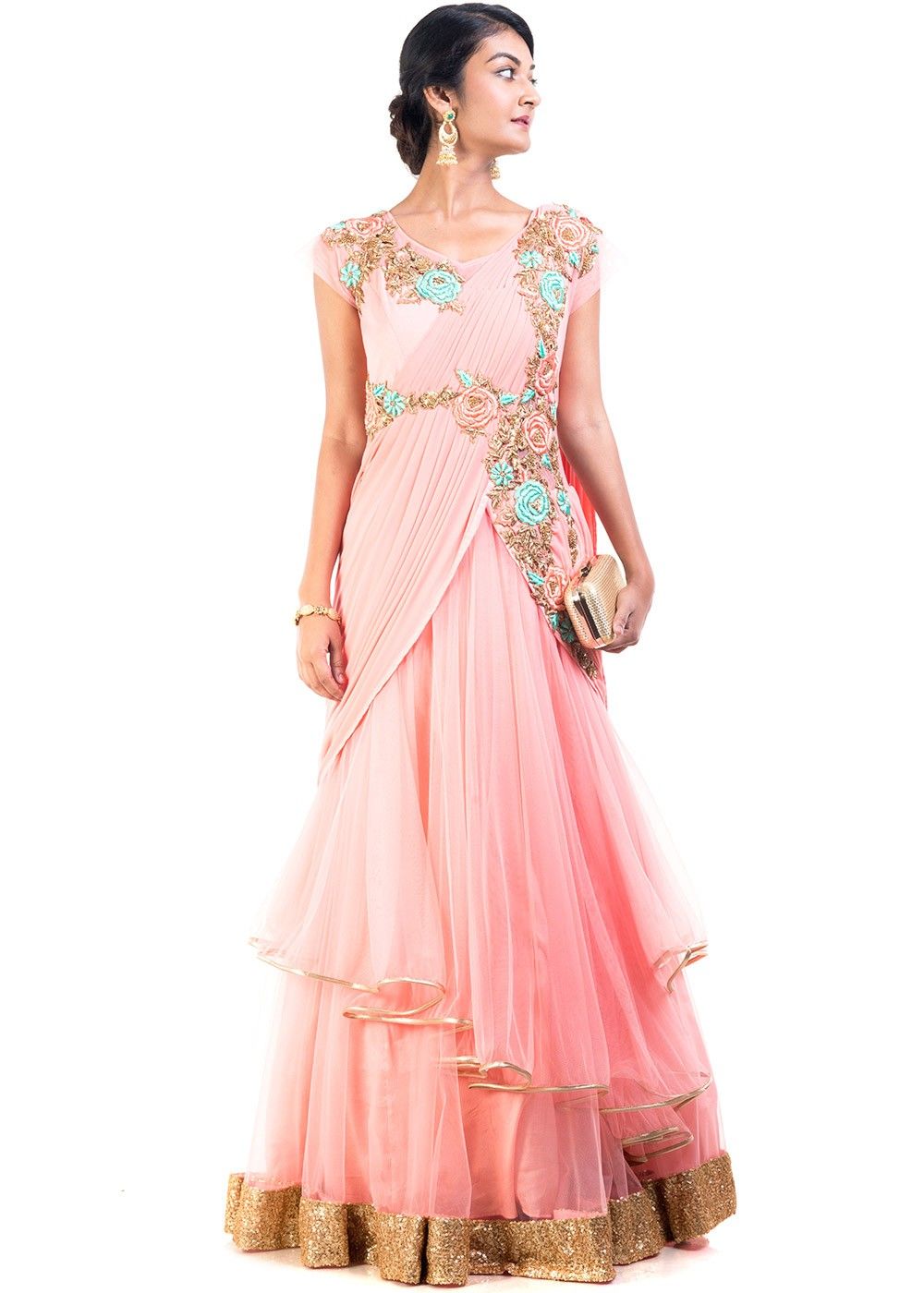 Blush Pink Embroidered Draped Saree Gown With Belt
