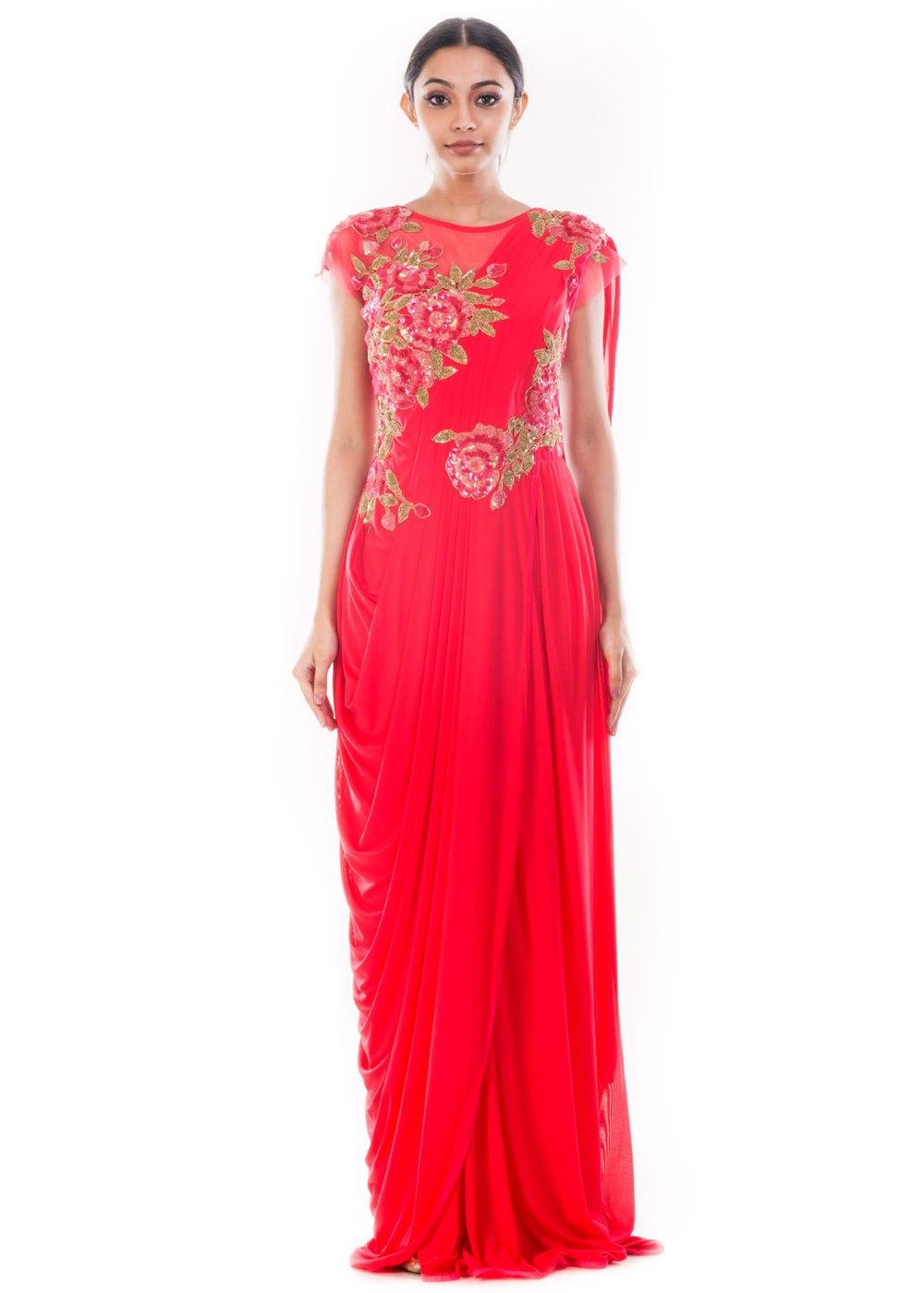 Yellow  Orange Saree Style Indo Western Gown Designer Couture 168GW03