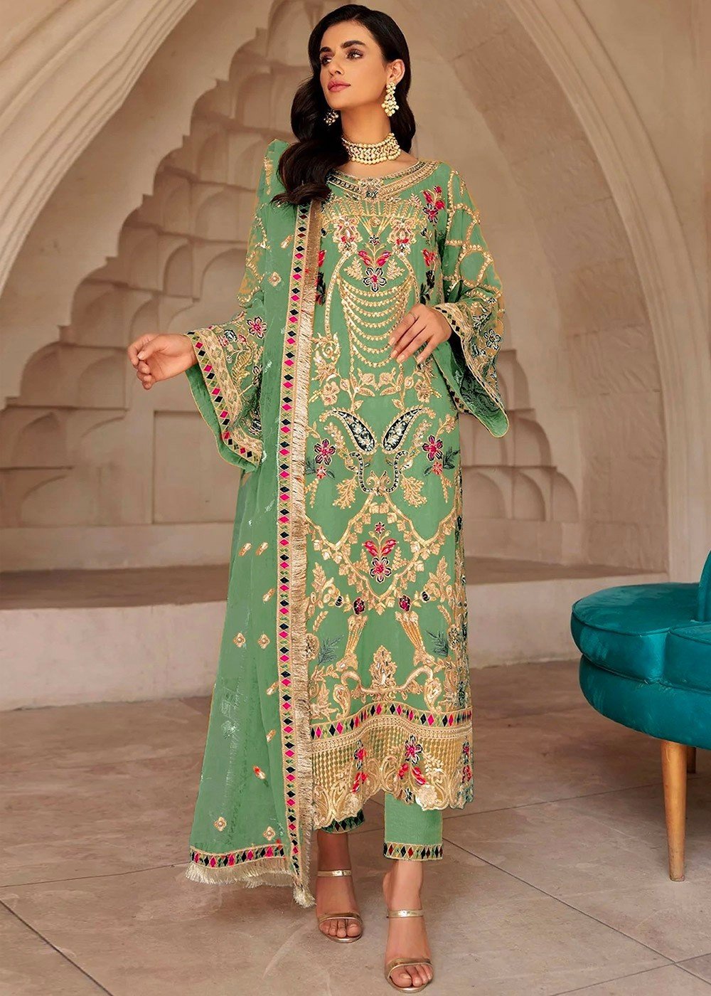 Grey Color Pakistani Pant Style Suit With Heavy Embroidered Work
