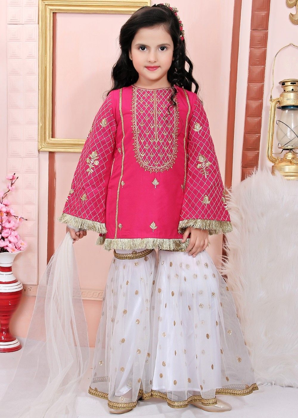 Pink Embroidered Readymade Kids Gharara Suit Latest 226KW03