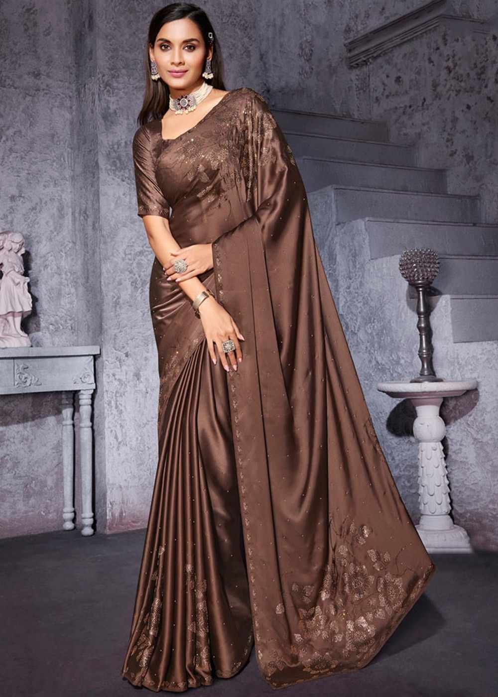 Pink satin silk saree with golden satin Blouse - sarees online - gnp005364