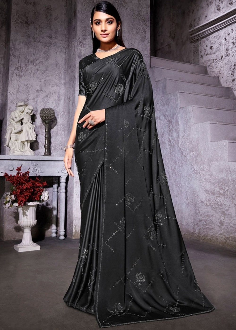 Buy Timeless Black Saree With Unstitched Blouse Kalki Fashion India