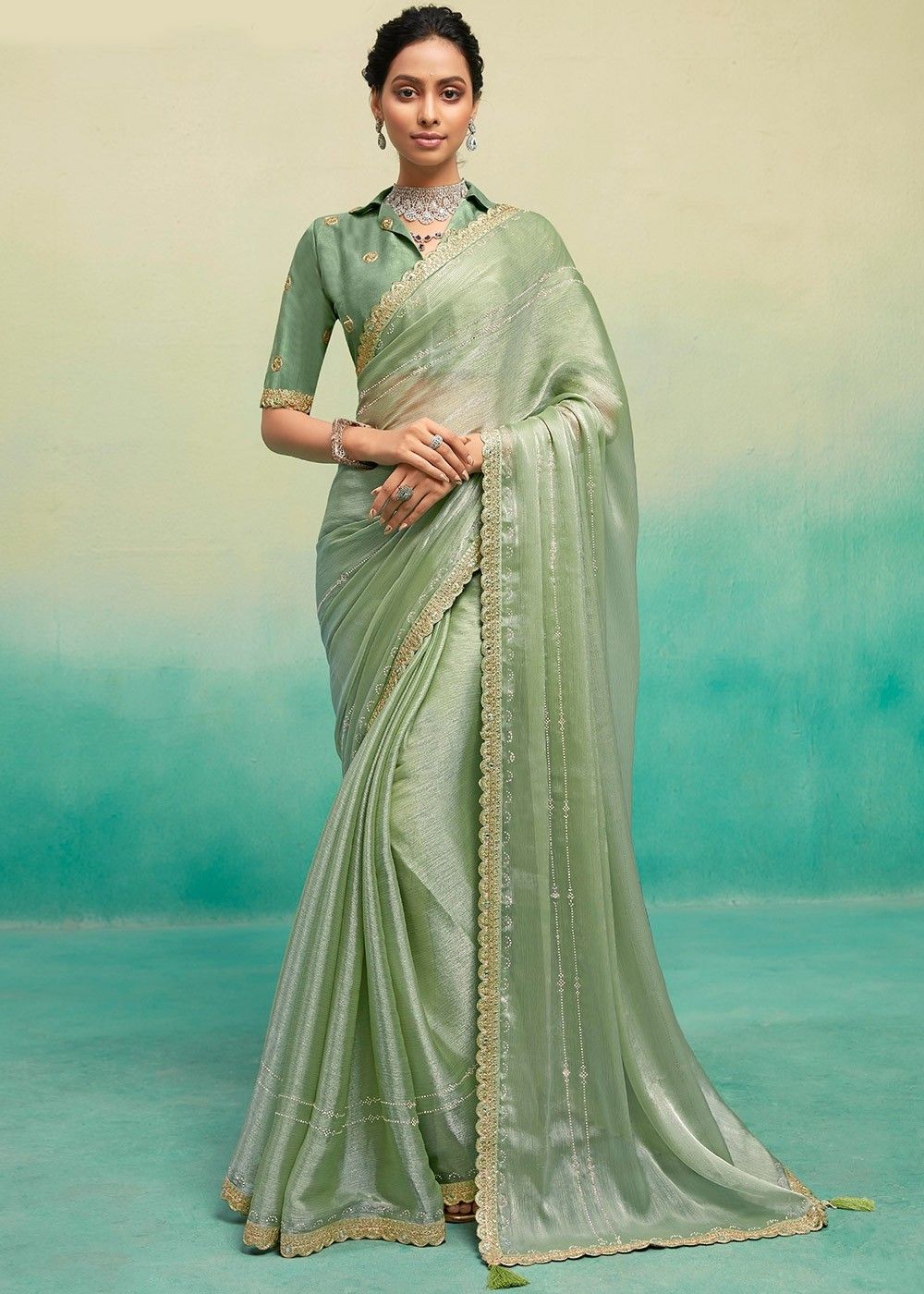 Indian Wedding Saree - Pretty In #Pastels- the #Colours of the Season! Shop  in #SALE for this Pastel #Blue #Saree with #Golden #Embroidery & Stone  Work~ Check Price Here: http://bit.ly/1LwIvT7 #sarees #sari #