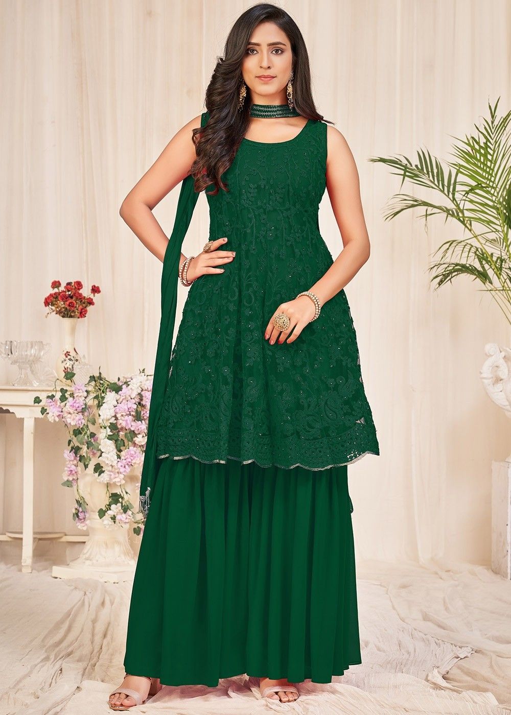 Embroidered Green Sharara Style Suit ...