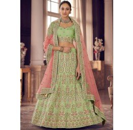 Pink heavy flare bridal lehenga with gota and Resham embroidery – Ricco  India