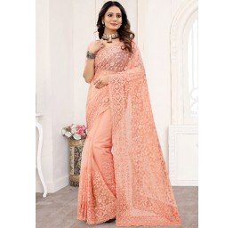 Resham Embroidered Net Saree & Blouse In Pink