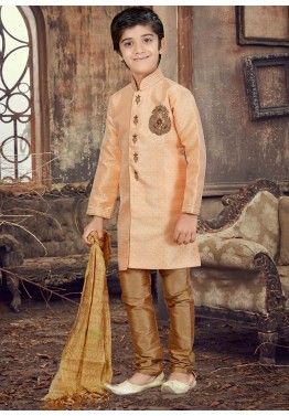 Clothing Boys Clothing Jackets & Coats Kids/Boys Cross Cut Gold Weave Brown Sherwani with Silk Printed Dhoti/Boys Ethnic wear/Eid/Diwali/Festival wear/Silk/Birthday dress 