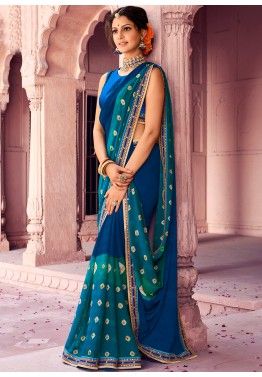 Royal Blue Saree Sari Indian Chiffon Wedding Bollywood Sequin Embroidery Blouse 
