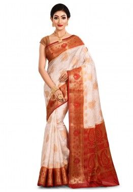 Off-White And Red Woven Silk Saree 2346SR30