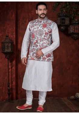 Men's Wedding Printed Kurta Pyjama Set Indian Pakistani Side Slit Party Wear 